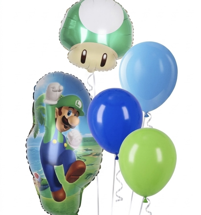 Luigi Super Mario fólia luficsokor gumilufikkal születésnapra.