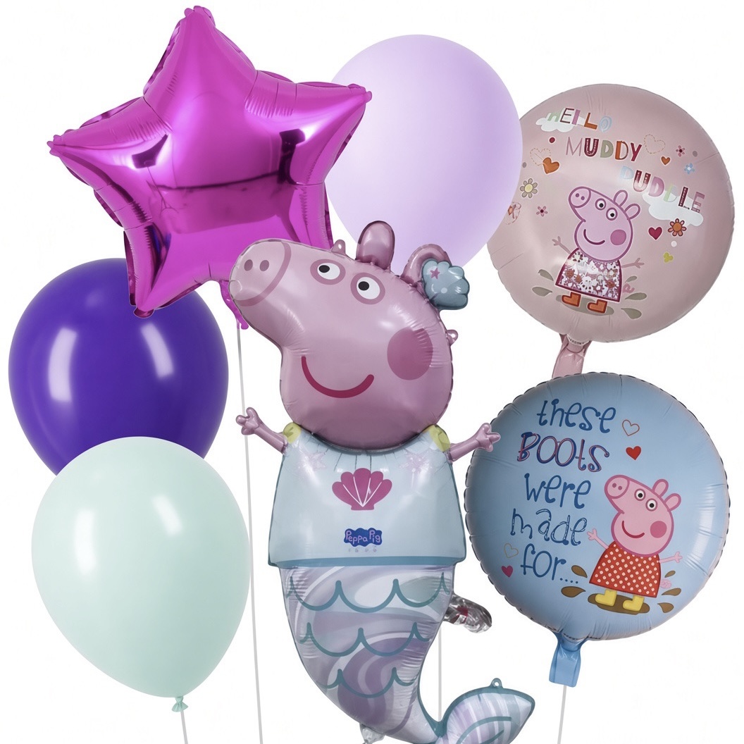 Peppa malac sellős fólia luficsokor gumi lufikkal szülinapra gyerekeknek.