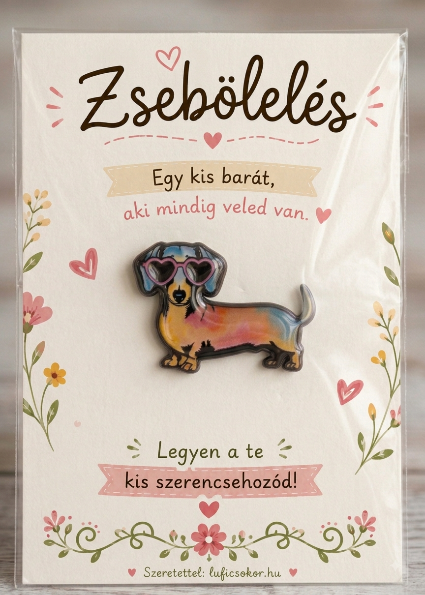 Zománcozott szivárvány színű, vidám tacskós kitűző táskára, cipőre, kabátra.