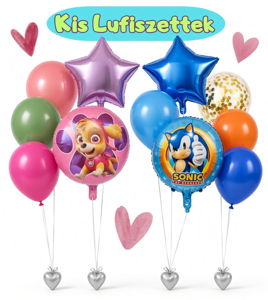 Kisebb méretű, mégis látványos lufiszettek, egyszerűbb lufis dekorációk kedvezőbb áron gyerekeknek születésnapra.